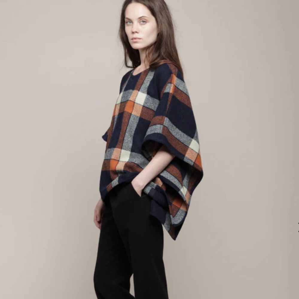 Plaid Women's Luxury Poncho - Navy, Orange, Cream
